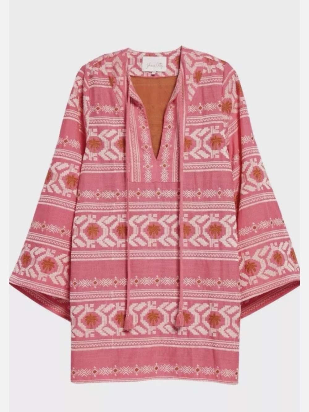 Johanna Ortiz Pink Mini Dress with Rust Embroidered Motifs